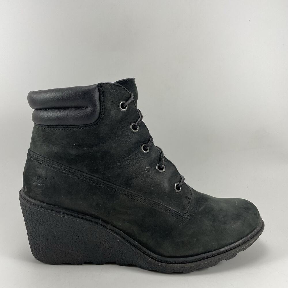 Timberland Earthkeepers Amston Wedge Boots Womens Size 7.5 Black Leather Lace Up